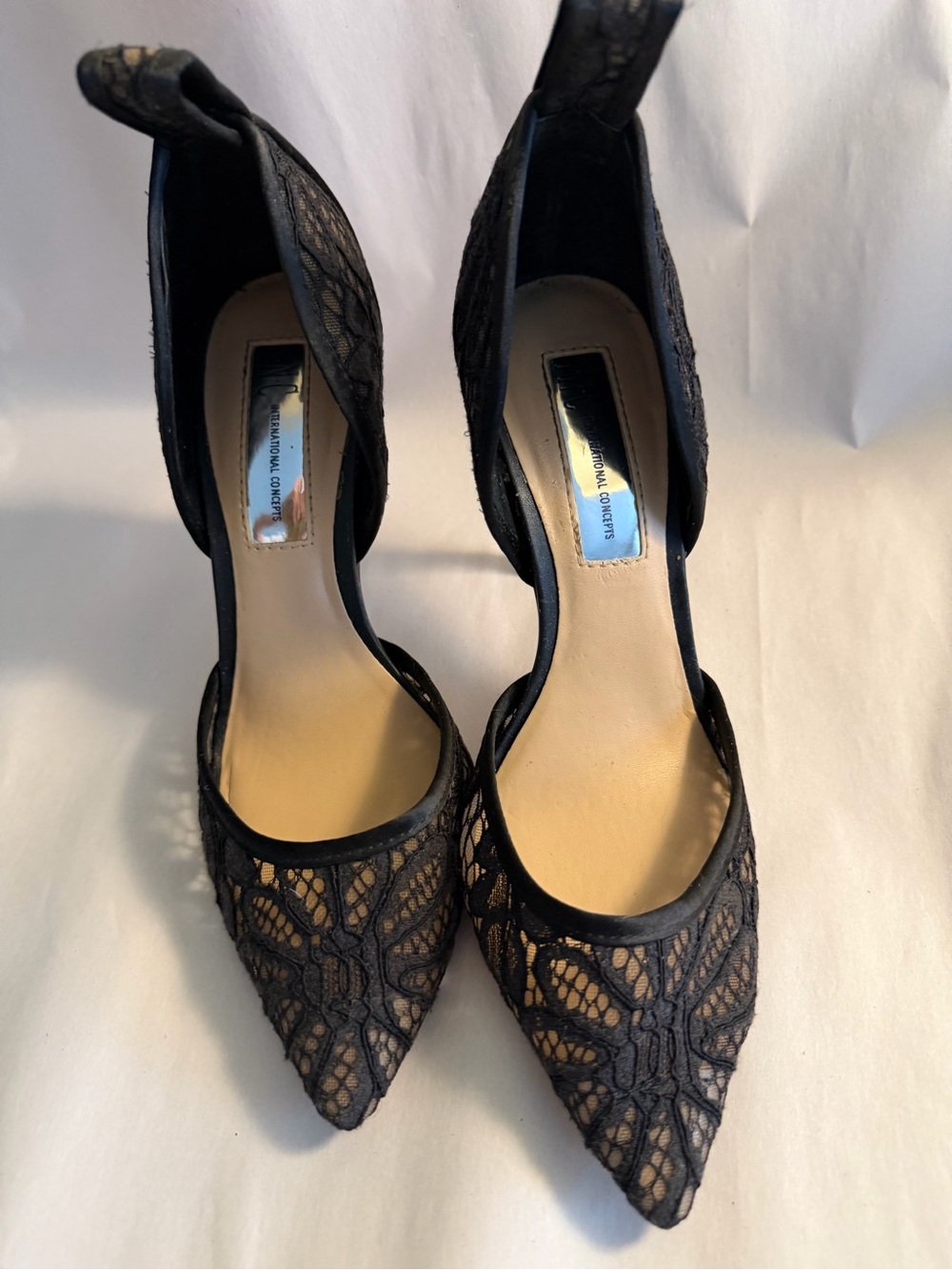 INC International Concepts Black Lace Pointed-Toe Slingback Heels
